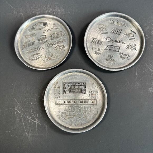 Clorox Co 75th Anniversary Advertisement Pewter (3) Drink Coasters Cork Backing - Picture 2 of 16